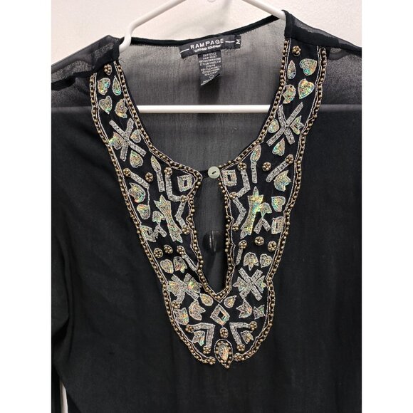 VTG Y2K Rampage Blouse Top Womens Medium Black Sheer Beaded Whimsygoth Holiday - Picture 2 of 12
